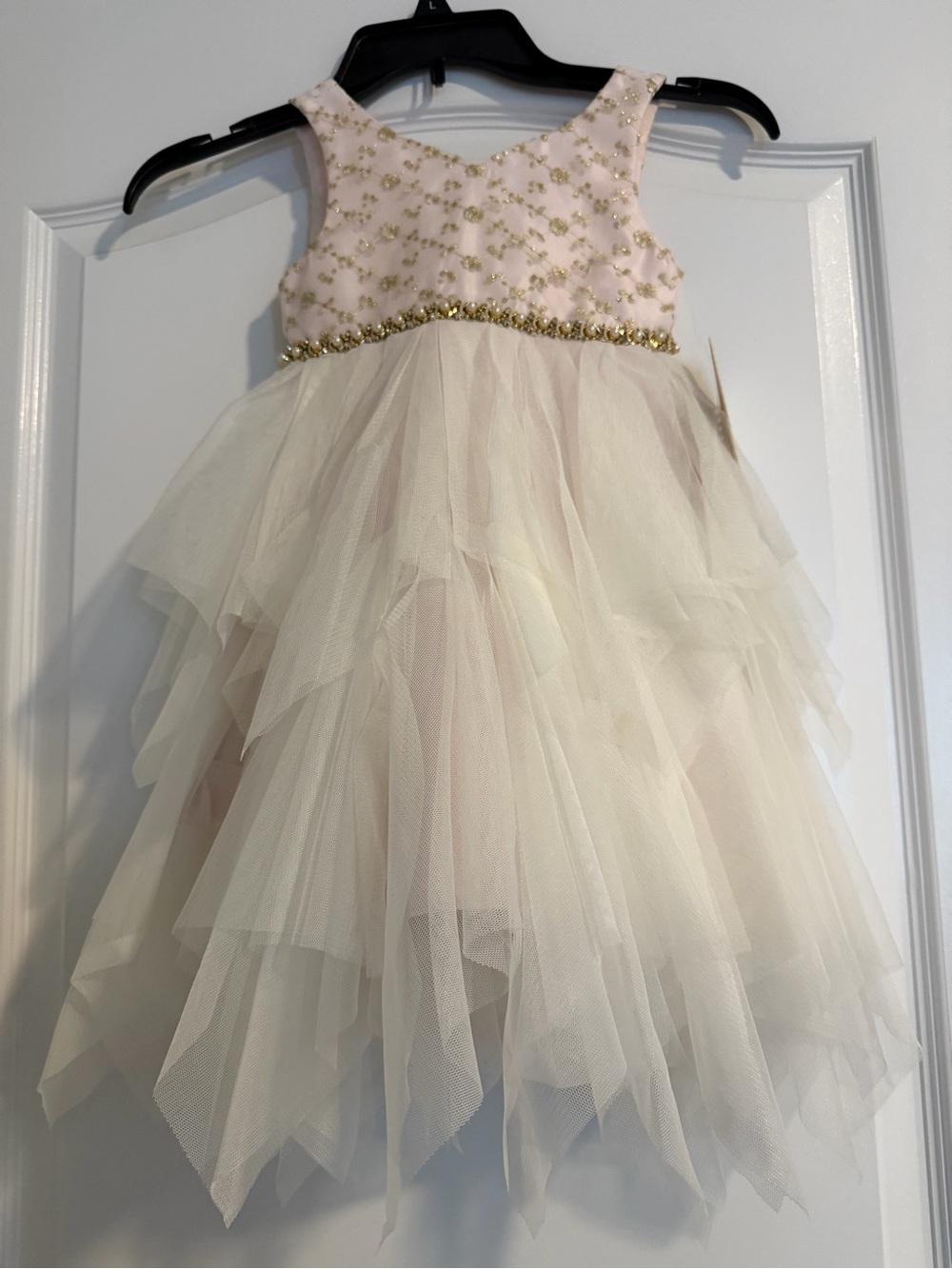 Tag On -4T Girls Creamy White Tulle Dress with Gold Embellished Waist - Picture 6 of 9